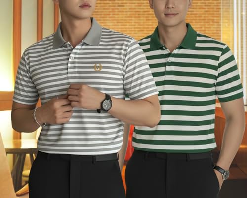 Image of MACK JONNEY Men's Cotton Polo T-Shirt | Regular Fit | Short Sleeve | Striped Casual Wear | Pack of 2 -MJ-1