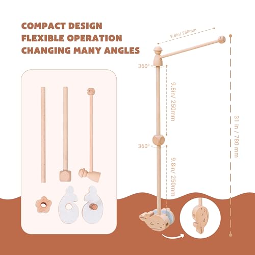VN3BTOY Wooden Baby Crib Mobile Arm, 31 Inch, Solid Beech Wood, 360° Rotatable, Whale Design, Adjustable, Anti-Slip, Mobile Hanger for Crib, Nursery Decor for Boys & Girls, Gift Accessories - Thumbnail 4