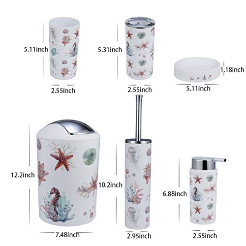 IMucci Colorful Ocean 6pcs Bathroom Accessories Set - with Trash Can Toothbrush Holder Soap Dispenser Soap and Lotion Set Tumbler Cup - Image 3