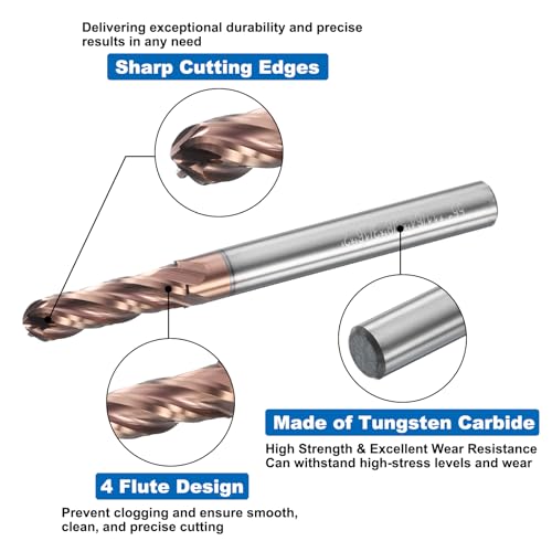 Image of HARFINGTON Ball Nose End Mill 4 Flute 11 /64 inch Diameter 3 /16 inch Shank Tungsten Carbide TICN Coated Spiral CNC Router Bits 5 /8 inch Cutting Length Single End Ball for Carving Engraving Grinding