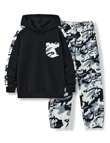 Image of mksodopy Boys Clothes Long Sleeve Hoodie and camouflage cargo pants Boy Outfits for 6-16 Years