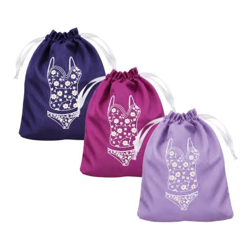 Image of Lingerie Bag for Travel Set of 3, Women Lingerie Bags with Drawstrings, Double-Layered Polyester Beach Bags for Swimwear, Underwear & Storage, 15x15 Inches (Navy-Magenta-Lavender)