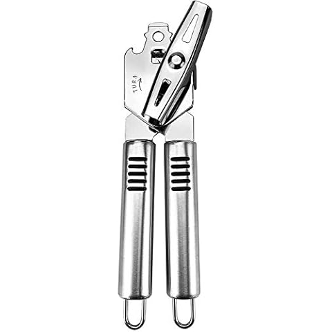 Stainless Steel Can Opener Manual Food-Safe Good Gripswith Built-In Bottle Opener, Silver Cover