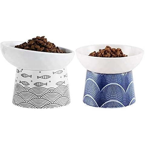 Ceramic Raised Cat Bowls, Elevated Tilted Cat Food and Water Bowls Set, Porcelain Stress Free Pet Feeder Bowl Dish for Cats and Small Dogs, Dishwasher and Microwave Safe, Blue & Black , Set of 2 Cover
