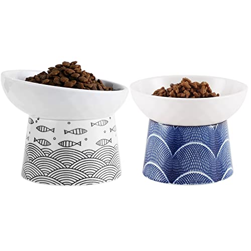 Ceramic Raised Cat Bowls, Elevated Tilted Cat Food And Water Bowls Set, Porcelain Stress Free Pet Feeder Bowl Dish For Cats And Small Dogs, Dishwasher And Microwave Safe, Blue & Black, Set Of 2 #TOP22