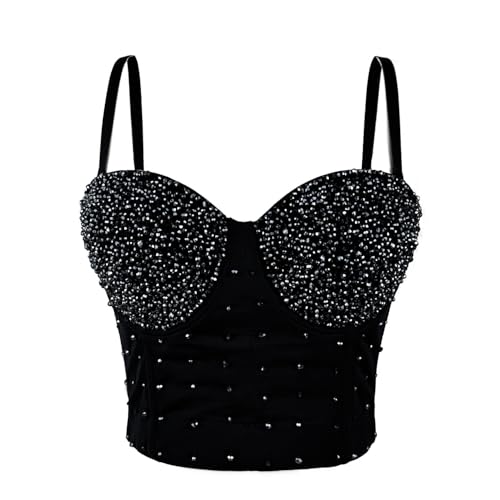 Sujetador corsé de perlas bordadas a mano top bustier elegante negro talla L