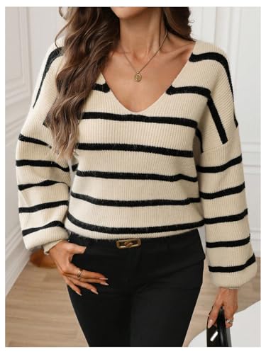 GORGLITTER Women's Bow Tie Back Sweater Striped Long Sleeve Backless V Neck Sweaters Pullover Tops2