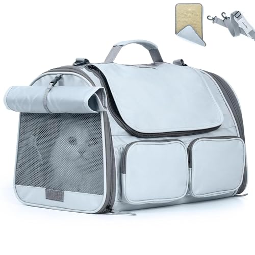 Image of Cawypety Cat Backpack Carrier, Breathable Cat Carrier Pet Backpack for Kitty Small Dog Up to 15Lbs, Transparent & Foldable Pet Carrier for Travel Hiking (Ash Grey)