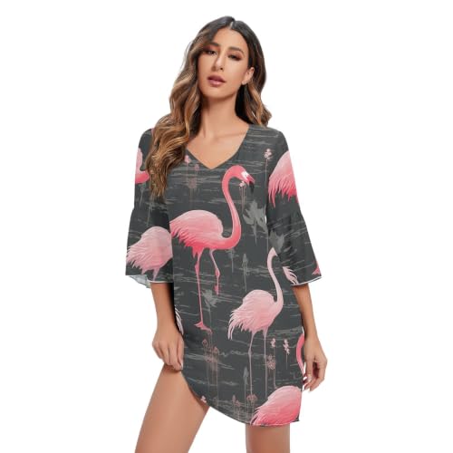 Robe de plage rétro à imprimé flamant rose unique et col V flatteur