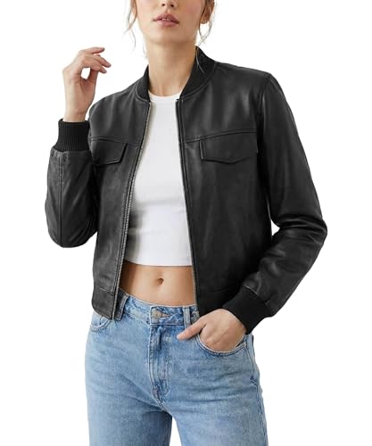 WECNOM Womens Leather Cropped Jacket Bomber Style Casual Outfit (Black,