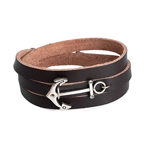 Men's Wide Anchor Bracelet, Brown Leather & Silver Plated Brass Bracelet, Sailor Oceanic Wrap Bracelet For Men, Handmade Tribal Boho Surfer Jewelry For Guys By Magoo #TOP28