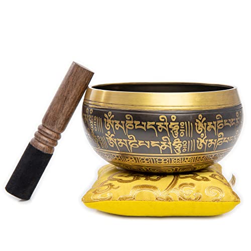 Image of Tibetan Singing Bowl Set - 4 inch Easy To Play Authentic Handmade For Meditation Sound 7 Chakra Healing By HIMALAYAN BAZAAR (Black /Yellow, 4 Inches)