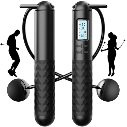 DONGTATA Springseil mit Zähler ohne Seil kabellos Fitness Springseil mit LCD Display Gewichtskugeln Kugellager rutschfeste Griffe für Training Workout Zuhause Büro Erwachsene Jugendliche (Schwarz)
