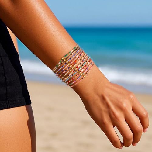 Boho Stackable Gold Plated Seed Beaded Colorful Bracelets Set for Women, Handmade Dainty Trendy Cute Small Glass Pearl Stretch Accessories Jewelry,Summer Beach Party Daily Friendship Gift2