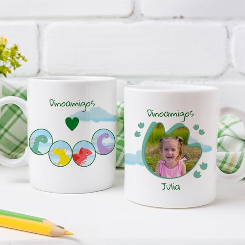 Transparent Gift Taza Personalizada con Nombre y Foto Infantil Dinosaurios. Regalos Originales para Niños y Niñas. Tazas Infantiles de Plástico. Regalos de Vuelta al Cole. Tazas Desayuno y Merienda