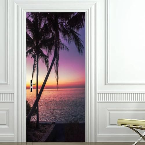Tropical Palm Trees Door Stickers for Interior Doors Sunset Scene 3D Door Sticker Murals Decals Wallpaper Self Adhesive Waterproof Poster for Bedroom Living Bathroom 77x200 cm d-497