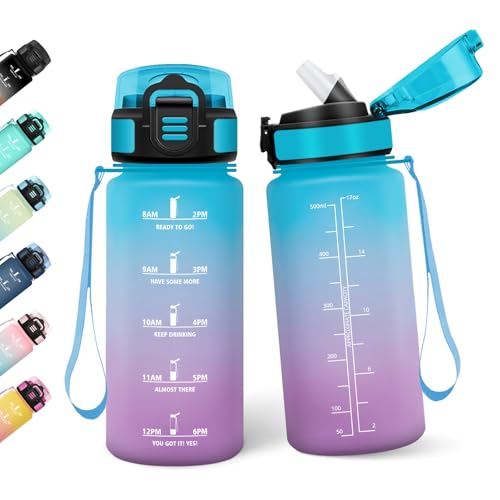 Borraccia, 500ML Con Paglia, Borraccia Bambini, Senza BPA, Borracce con Cannuccia, Bottiglia d'acqua Motivazionale con Indicatore del Tempo, Bottiglia Acqua per Scuola, Sport, Yoga - Blu&viola
