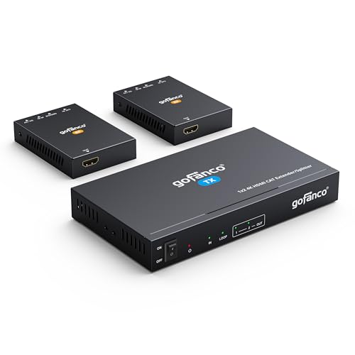 gofanco 1x2 HDMI Extender/Splitter over CAT6/7 – 1080p up to 197ft(60m), 4K60Hz up to 115ft(35m), HDR, HDCP 2.2,IR,EDID,PoC,Loopout,5.1-ch Digital Audio, Coaxial/Analog Audio Extraction (HD20Ext-2Pv2) by gofanco - Used condition - US$70.95