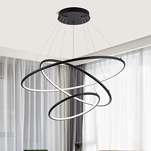 Royal Pearl Black Modern Led Chandelier Lighting 3 Rings Pendant Light Ceiling Dining Room Chandelier Contemporary Adjustable Circular Pendant Ceiling Light Fixture for Bedroom Living Room, 3000K Warm