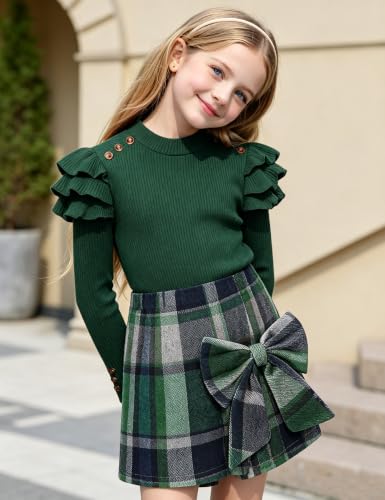 Image of Girls Clothes 2 Piece Ruffle Long Sleeve Shirt Top and Bow Plaid Skirt Set Girls Fall Winter Outfits 6-16 Years