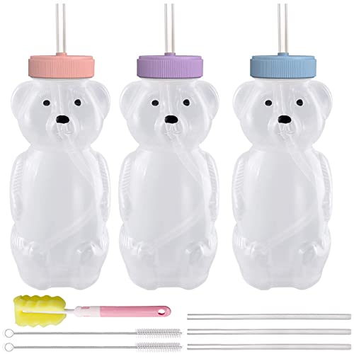 Image of Honey Bear Straw Cups for Babies 4 pack, 8oz straw bear cup with improved safety lid design, honey bear cup and honey bear bottle. Straw learning therapy cup. Leak-Proof & Food-Grade & BPA Free