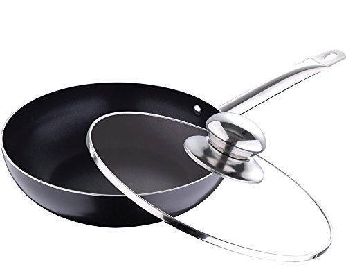 Sartén de inducción con tapa de cristal de 28 cm, wok de aluminio (sartén alta para servir, altura de 7,2 cm, revestimiento antiadherente)
