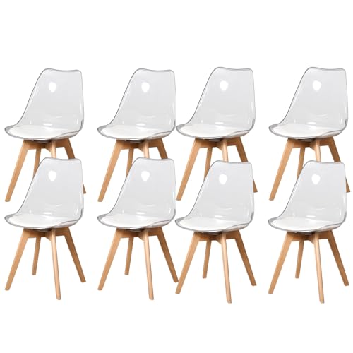 8 Chaises Tulipes Salle à Manger Scandinaves BM Home Salle de Bureau, Pieds Bois de Hêtre Massif, Transparente, Assise Blanche