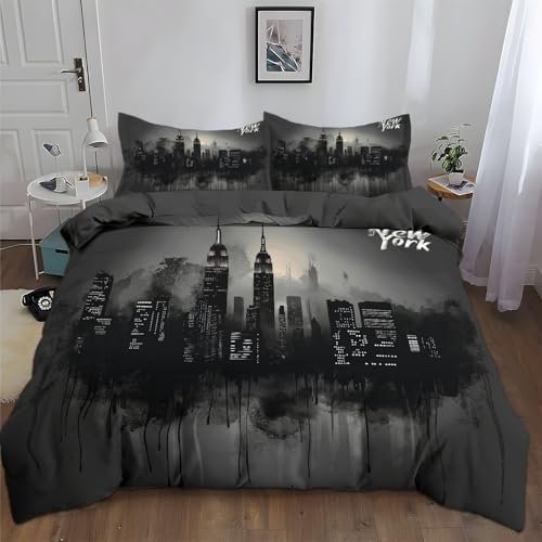 Housse de Couette 90 x 190 cm Gris foncé Parure de Lit Adulte Réversible avec Fermeture Éclair, Housse de Couette 1 Personnes Imprimée ligne d'horizon de New York en...