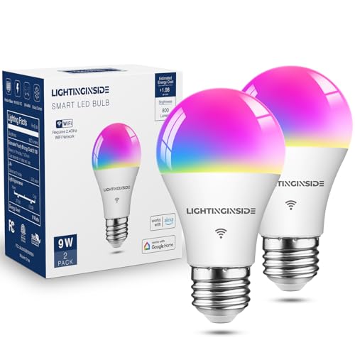 Image of Lightinginside Smart Light Bulb Work with Alexa /Google Home /SmartLife, 2PCS | CRI>90, No Hub Required, 60W RGBCW Color Changing Light Bulbs, 800LM 9W Smart Bulb, 2.4G WiFi & BLE A19 E26 Bulb, ETL Listed