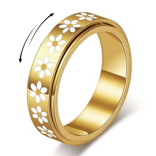 Sfloemm Daisy Fidget Ring for Anxiety Relief - 18K Gold Plated Spinner Band for Stress Relief,Stainless Steel Statement Flower Ring for Women,Thoughtful Gift for Birthday Valentine's Day,Size 6-10 (Daisy Fidget Ring_Gold, Size 7)