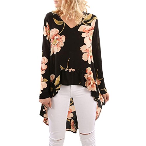 Sexys Camisetas Mujer Mujer Primavera Verano Floral Camisa de Manga Larga de Vestir Blusas Camiseta de Gasa Casual señoras Volantes Tops Irregulares niña (Negro, M)