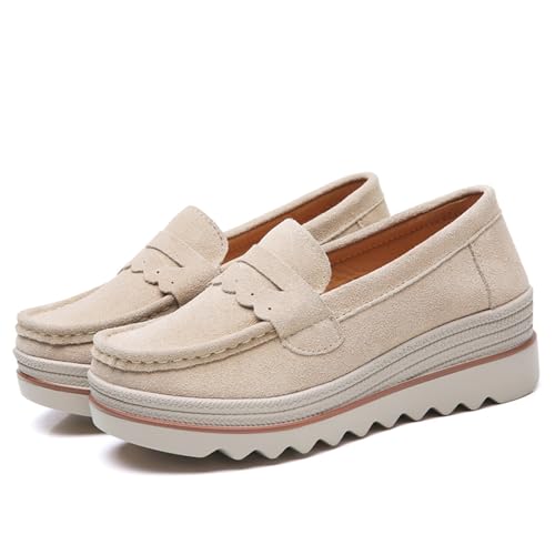 EnllerviiD Women's Slip-On Platform Loafers Comfort Suede Wedge Shoes Casual Thick Soft Business Work Penny Loafers Khaki36
