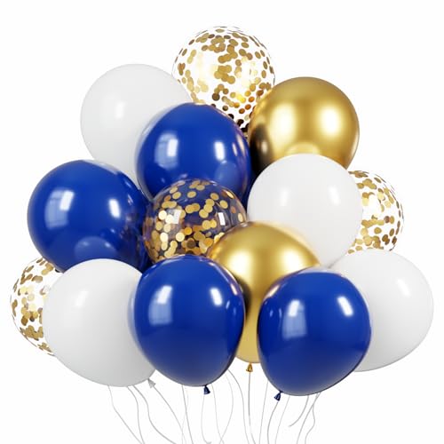 Image of KBZVNAF Royal Blue Gold White Balloons - 60 Pack 12 inch Metallic Gold Confetti Latex Party Balloons for Birthday, Baby Shower, Wedding, Graduation Party Decorations