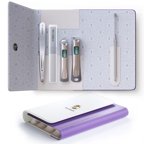 MR.GREEN Set di 5 tagliaunghie con tagliaunghie, plettro per orecchie, lima per unghie in vetro, pinzette, set professionale per manicure per uomini e donne, tagliaunghie con custodia in pelle (viola)