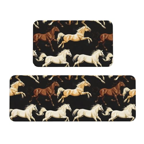 GVYGVY Antifatigue Kitchen Mats for Floor 2 Piece - Running Horse Print Kitchen Rugs Washable, Non Slip Runner Rug Standing Mat for Office/Bathroom/Laundry/Home Decor and Accessories