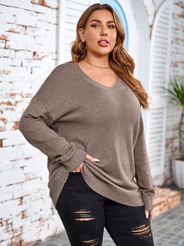 Women Plus Size Sweaters Cable Knit Long Sleeve V Neck Sweaters Tops Casual Soft Loose Fit Pullover Sweater 1XL-5XL3