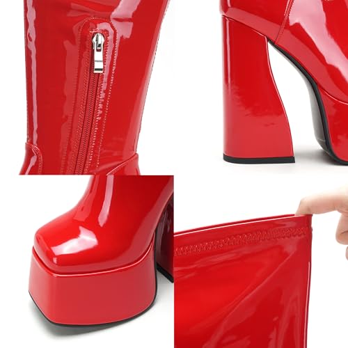 Image of LanreyTaley Elastic Women Knee High Boots Platform Chunky Heel Tall Boots Suede Dress Boots Side Zipper Stretch Boots Fall
