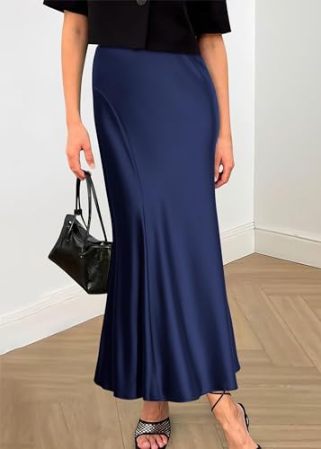 Image of KIRUNDO Women's Satin Maxi Skirt 2026 Summer Fall Trendy High Waisted Wedding Cocktail Party Work Silk A-Line Formal Skirts