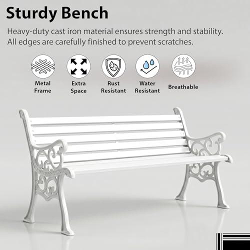 Image of BRISHI 3 Seater cast Iron Garden Bench for Indoor & Outdoor Park /Patio /Living Room /Terrace /Balcony (White)