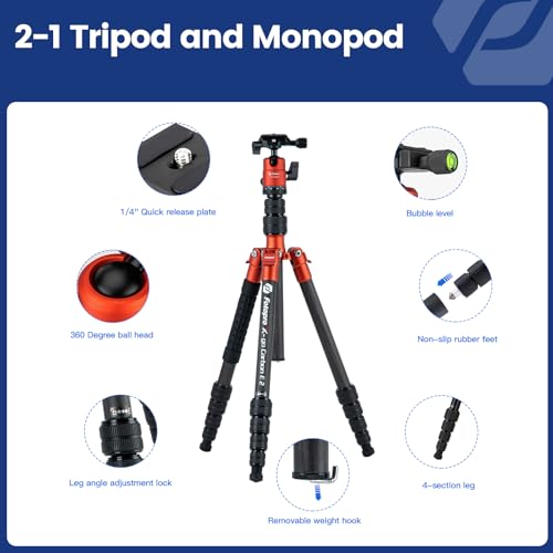 Image of Fotopro 62 inch Carbon Fiber Travel Tripod, Lightweight Compact Camera Tripod with Ball Head, Detachable Monopod with Arca-Swiss Release Plate and Bag, Load up to 8KG /17.63lbs, Weighs only 2lb. Orange