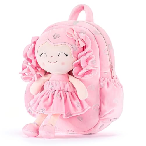 Image of Gloveleya Toddler Backpacks Baby Girl Gifts Curly Hair Plush Figures Dress Backpack - Pink Loving Heart 11''