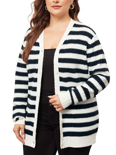Image of Agnes Orinda Plus Size Cardigan Sweater for Women Button Down Open Front Long Sleeve Striped Knit Cardigans Coat Winter