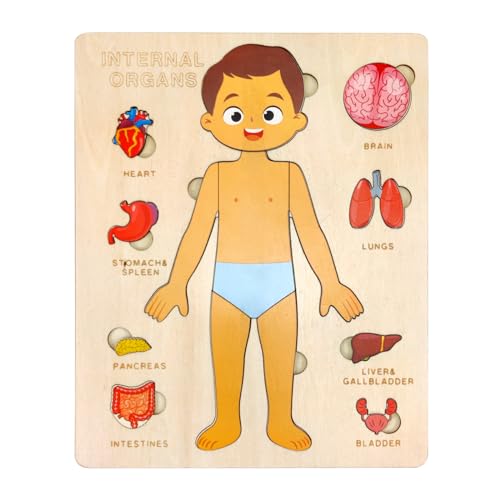 Image of Wooden Body Puzzles for Kids, Toddler Montessori 14 Pieces Boy Anatomy Puzzle, Human Body Learning Toy with Internal Organs Early STEM Educational Toy for Boys and Girls Ages 3 4 5 6 Years Old
