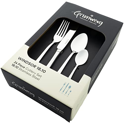 Grunwerg Windsor Set Di Posate A Specchio In Scatola Da 24 Pezzi, Acciaio Inossidabile 18/10, 6 Coltelli Da Tavola, Forchette Da Tavola, Cucchiai Da Dessert E Cucchiaini Da Tè