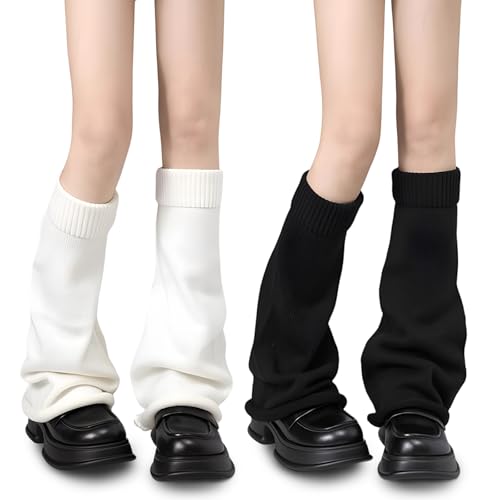Sahunfri 2 Pairs Long Knitted Leg Warmers 80s Y2K Soft Stretchy Warm for Women Girls Ladies Retro 8090s Punk Style Knee High Stockings Boots Cuff UK Womens Leg Warmers (Black White One Size)