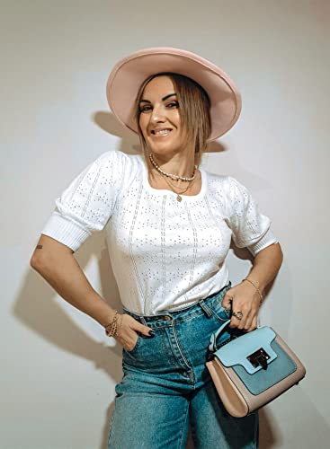 Hotouch Womens Lightweight Puff Short Sleeve Knit T-Shirts Square Neck Tops Thin Pullover Sweater Summer Blouse Bright White #TOP1