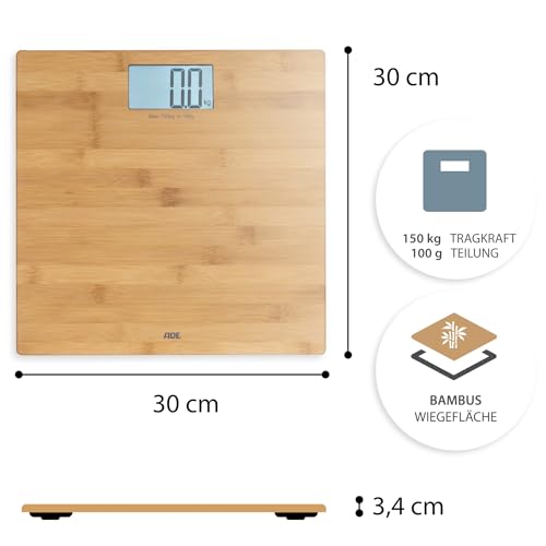 ADE Digitale Personenwaage BE 925 Martina. Elektronische Badezimmerwaage mit Wiegefläche aus echtem Bambus. Zur genauen Gewichtsbestimmung bis 150 kg. Mit großem Display. Inklusive Batterie. Braun