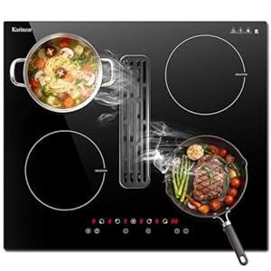 Karinear Induktionskochfeld mit Dunstabzug, Kochfeld Autarkes, 7200W Induktionsfeld mit 145W Dunstabzug, Booster, Timer, Pause, Touch-Steuerung, 220-240V, Kein Stecker