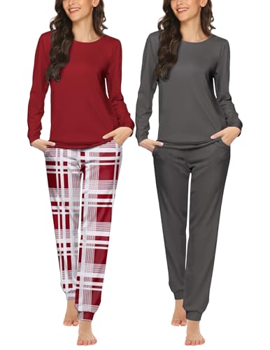 Image of Ekouaer 2 Pack Pajama Sets for Women,Long Sleeve Top With Jogger Pants Lounge Set Sleepwear with Pockets