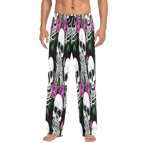 Qilmy Skull Roses Men's Cotton Pajama Pants, Lightweight Lounge Sleepwear with Drawstring and Pocket2